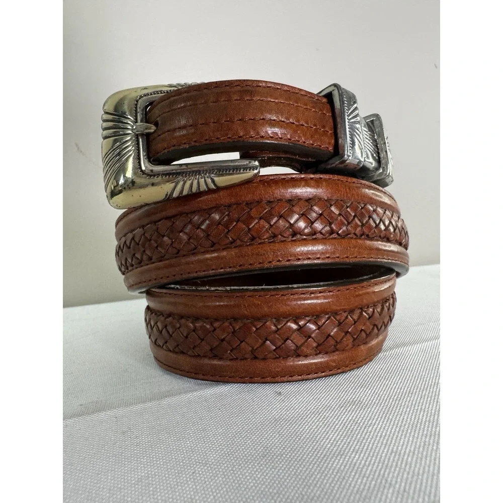 Tony Lama Mens 38 Leather Braided Belt Cognac Engraved Silver Buckle Western Cow